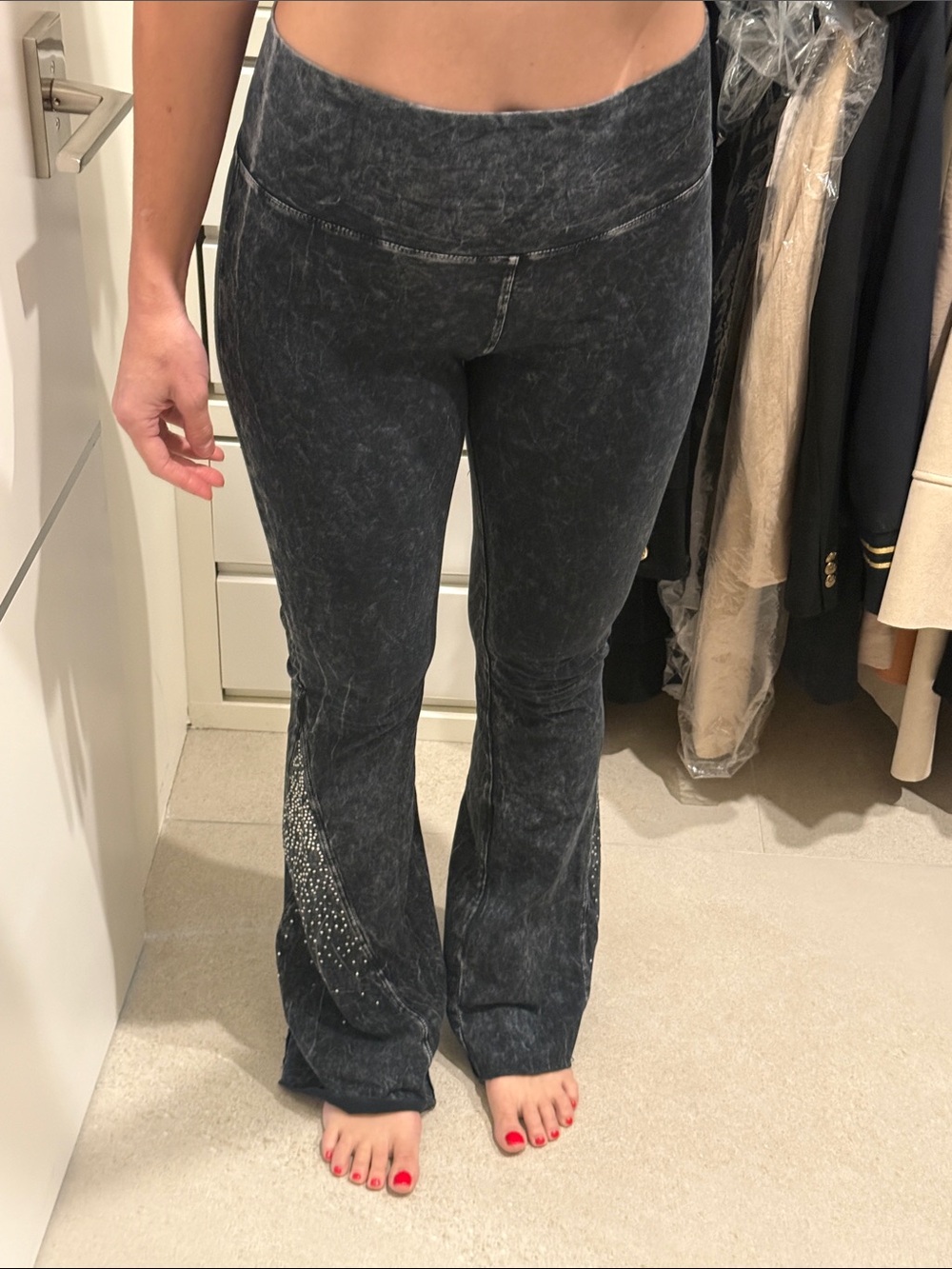 Tparty Black Acid-Wash Flared Yoga Pants with Side Rhinestones Medium